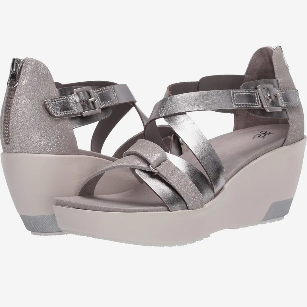 OTBT Teresa Leather Women's Silver Pewter Wedge Sandals